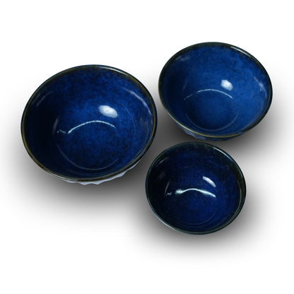 Royal Navy Blue Ribbed Ceramic Serving Bowl Set of 3