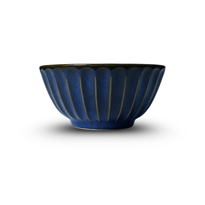Royal Navy Blue Ribbed Ceramic Serving Bowl Set of 3