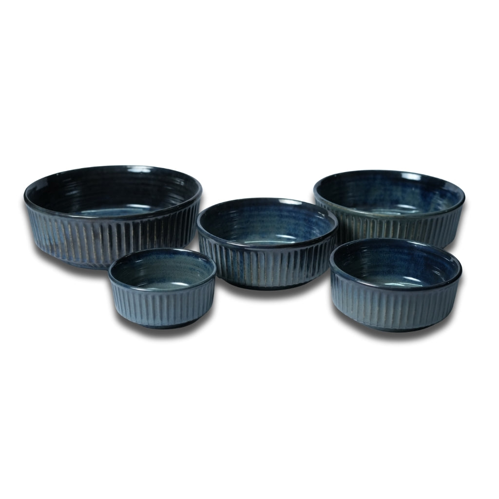 Deep Ocean Blue Ribbed Bowl Set of 5