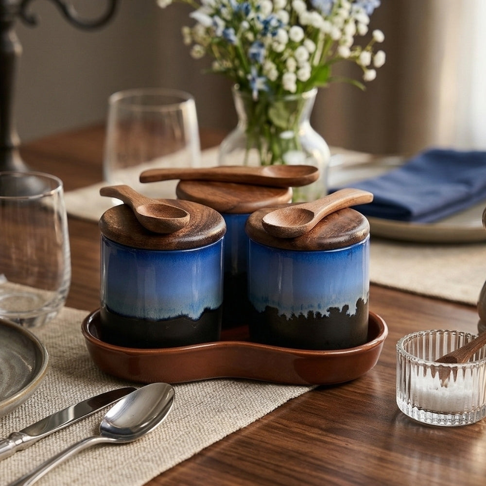 Ombre Ceramic Spice Jar with Tray Set of 3