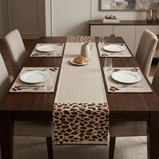 Royal Print Embroidered Table Runner & Placemats Set of 5 with Bold Brown Paw Embroidery