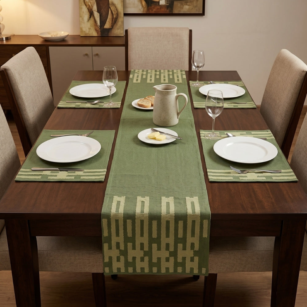 Link on Green Embroidered Table Runner & Placemats Set of 5 with Soft Geometric Border Detailed