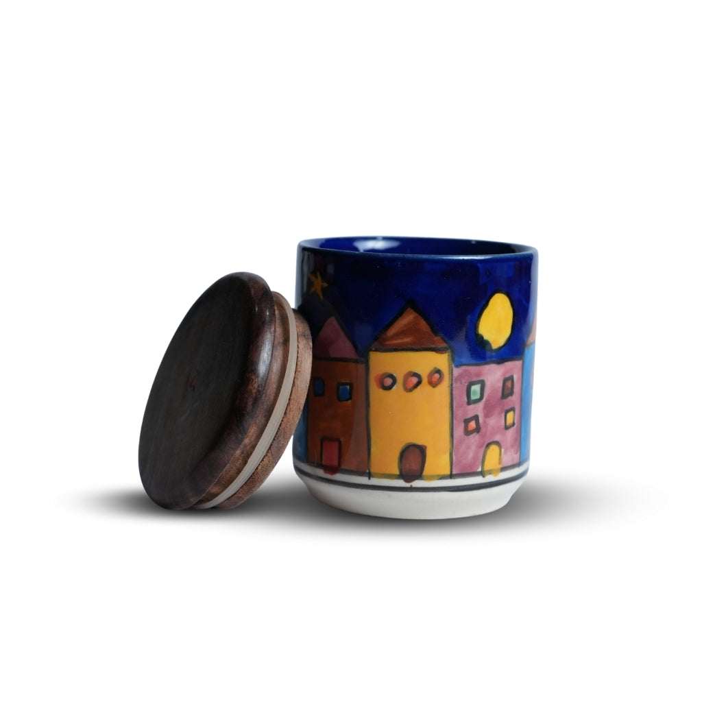 Turkish Blue Houses Ceramic Jar Set of 2 with Lid