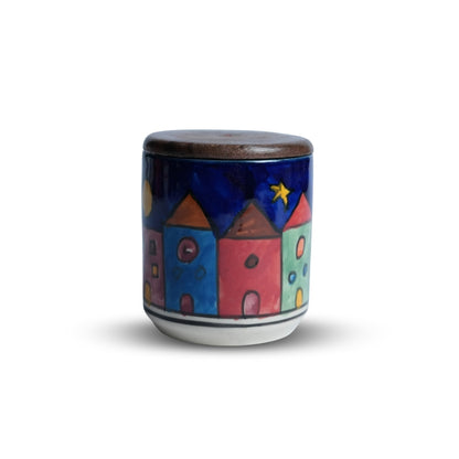 Turkish Blue Houses Ceramic Jar Set of 2 with Lid