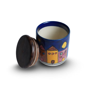 Turkish Blue Houses Ceramic Jar Set of 2 with Lid