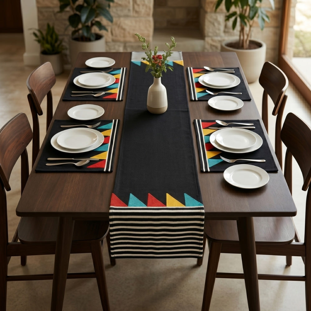 Sail La Vie Embroidered Table Runner & Placemats Set of 5 with Bold Geometric Embroidery