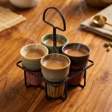 Multicolor Ceramic Karak Tea Mugs Set of 4 with Stand
