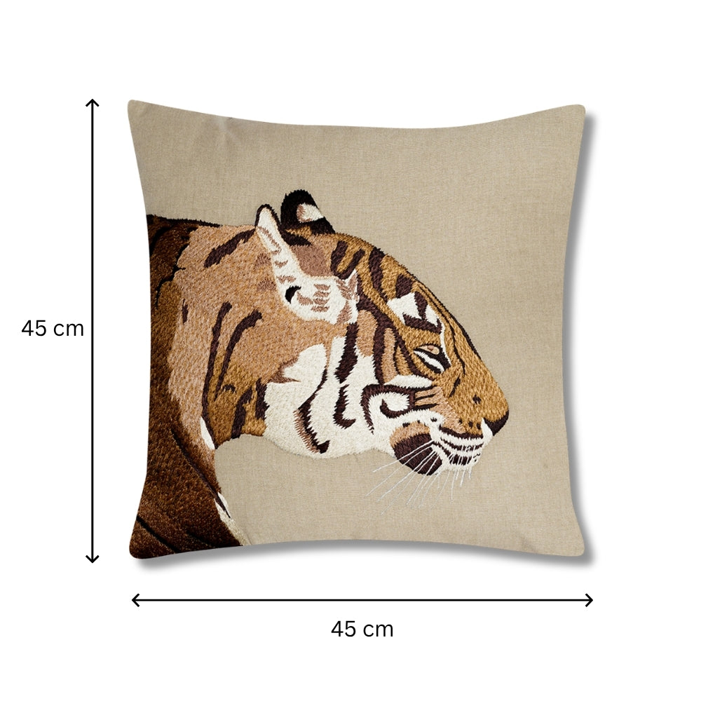 On the Prowl - Beige Cushion Cover with Side Profile Embroidered Tiger in Earthy tones