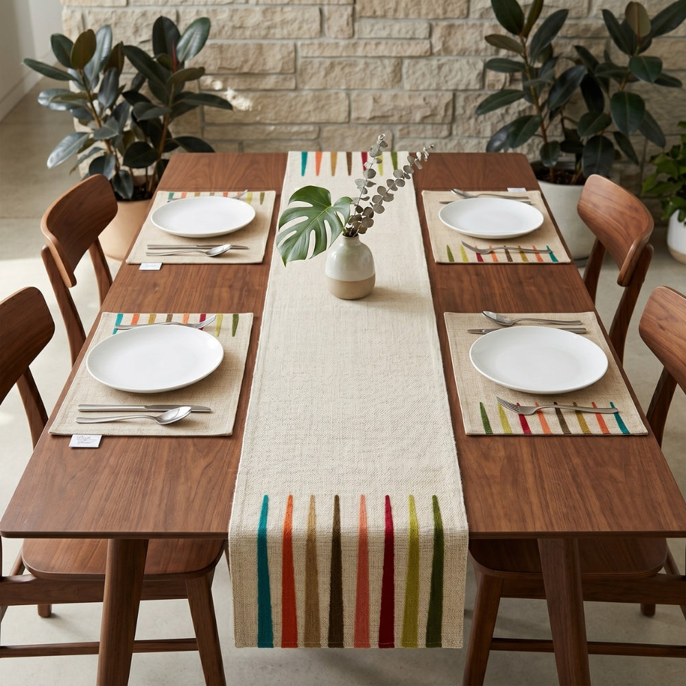 Back Gammon Embroidered Table Runner & Placemats Set of 5 with Earthy Bauhaus Embroidery