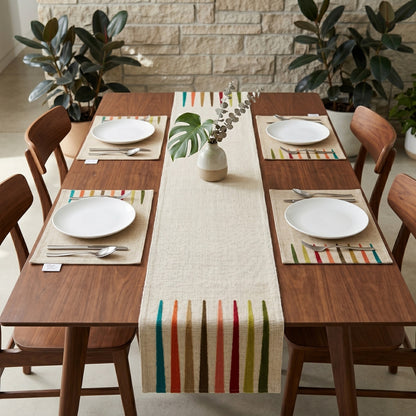 Back Gammon Embroidered Table Runner & Placemats Set of 5 with Earthy Bauhaus Embroidery