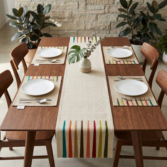 Back Gammon Embroidered Table Runner & Placemats Set of 5 with Earthy Bauhaus Embroidery