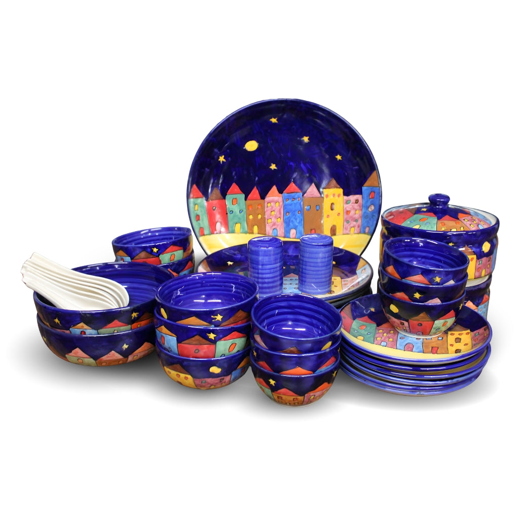 Turkish Blue Houses Handpainted 37 pcs Dinner set