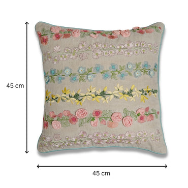 Vitae Fiori - Embroidered Square Cotton Cushion Cover with Pastel Garden Blooms