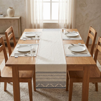 Inca Blue Embroidered Table Runner & Placemats Set of 5 with Indigo Running Stitch