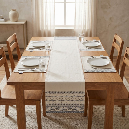 Inca Blue Embroidered Table Runner & Placemats Set of 5 with Indigo Running Stitch