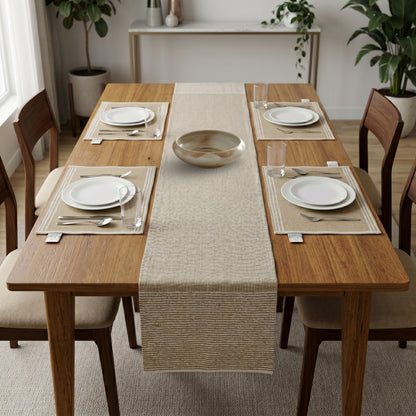 White Furrows Embroidered Table Runner & Placemats Set of 5 with Subtle Woven Trim