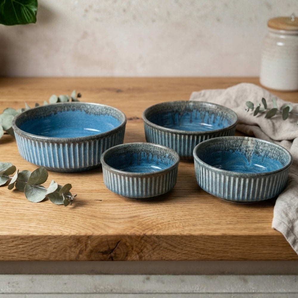 Blue Ribbed Ceramic Serving Bowl Set of 4