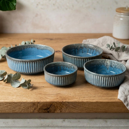 Blue Ribbed Ceramic Serving Bowl Set of 4