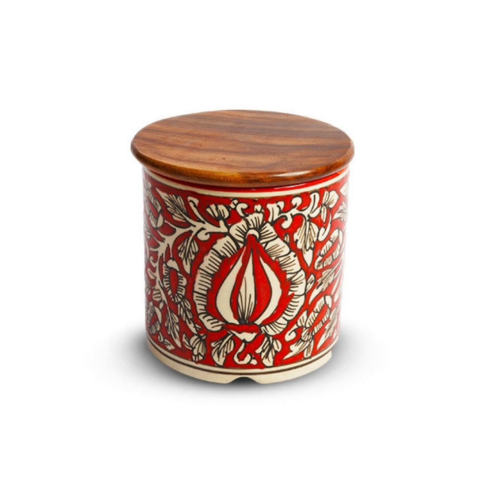 Kalamkari Red Circular Ceramic Canister Set of 2 with Lid