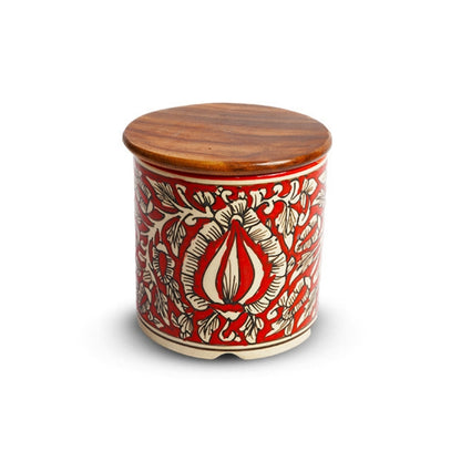 Kalamkari Red Circular Ceramic Canister Set of 2 with Lid