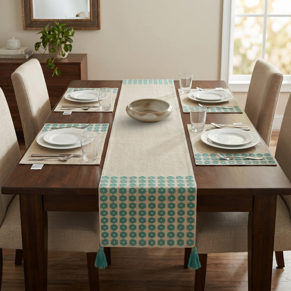 Hexa Green Embroidered Table Runner & Placemats Set of 5 with Green Embroidered Hexagons