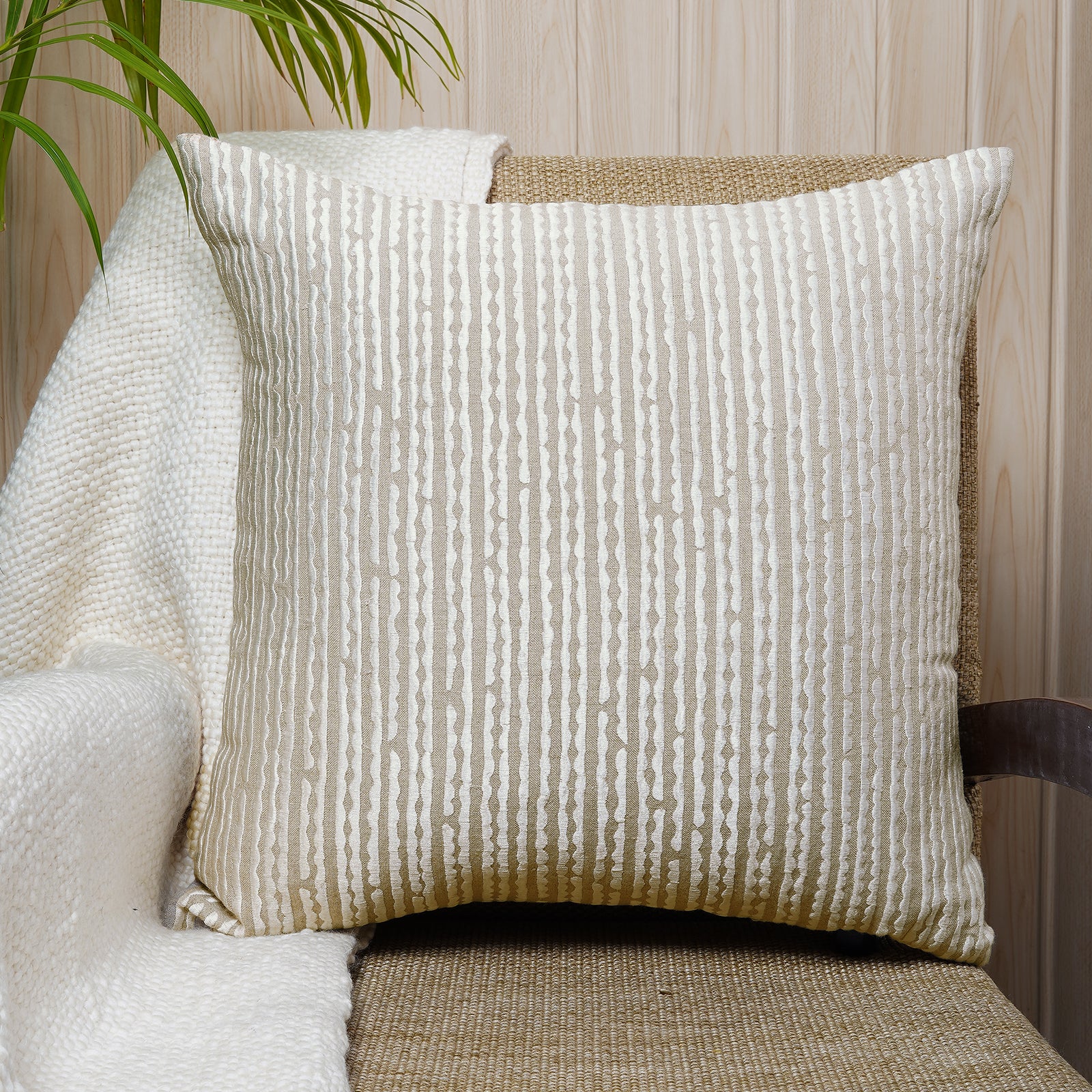 Minimalist beige square cushion with white embroidered furrow lines on chambray cotton - Simply Graceful Collection
