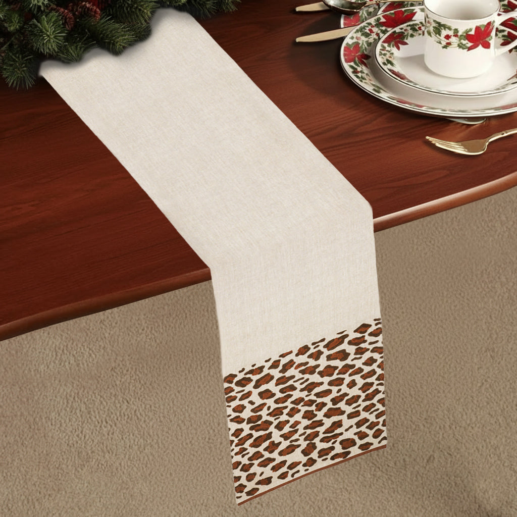 Natural beige cotton tablerunner with leopard print panels and contrast brown trim