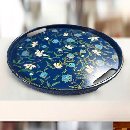 dark blue floral round decorative wooden table tray