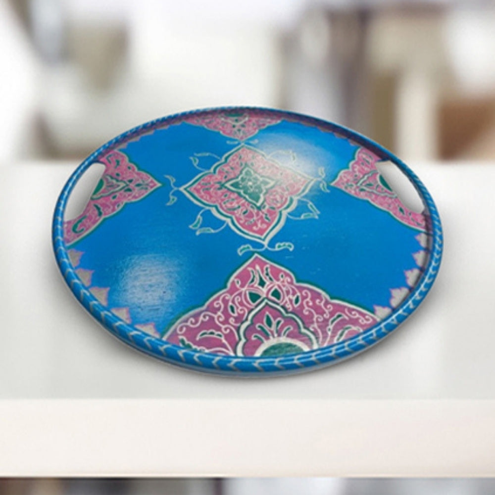 sky blue floral round wooden table tray