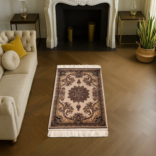 Small silk carpet in cream, maroon, and gold tones featuring a Persian-inspired medallion design