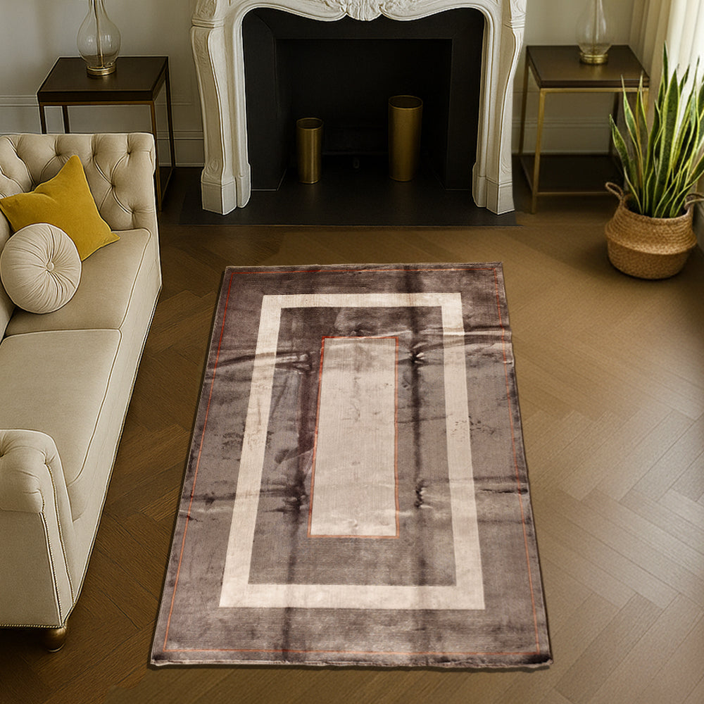 Modern grey silk carpet featuring a rectangular mosaic design with soft sheen finish