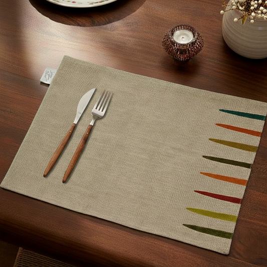 Beige cotton placemat with vertical embroidery in earthy Bauhaus tones