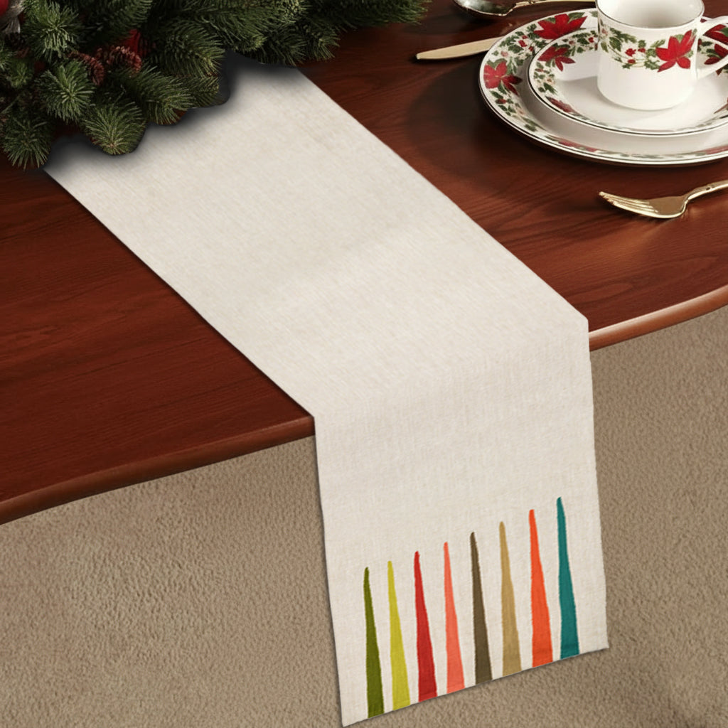Beige cotton Tablerunner with vertical embroidery in earthy Bauhaus tones