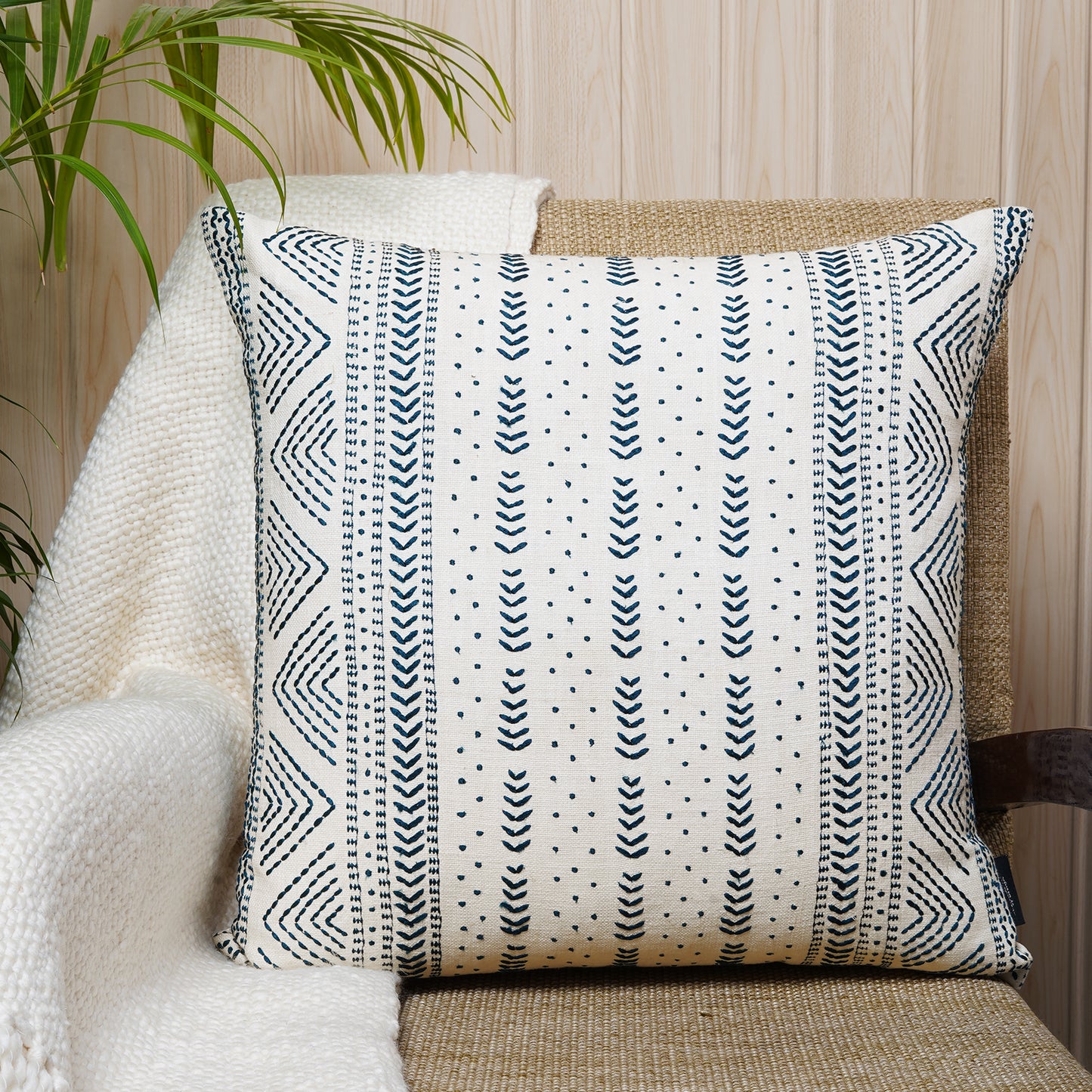 Inca Blue- Square Ivory Cushion with Blue Inca-Inspired Embroidery