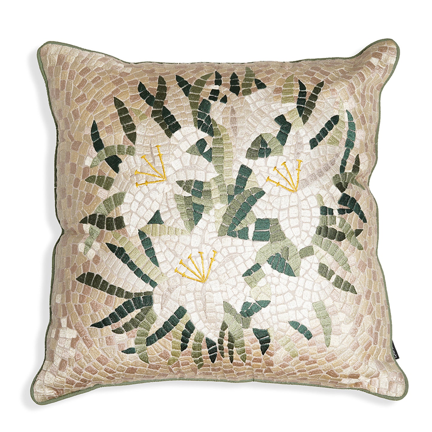 Lily Squares – Cream and Pastel Green Cotton Mosaic Embroidered Cushion