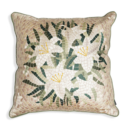 Lily Squares – Cream and Pastel Green Cotton Mosaic Embroidered Cushion