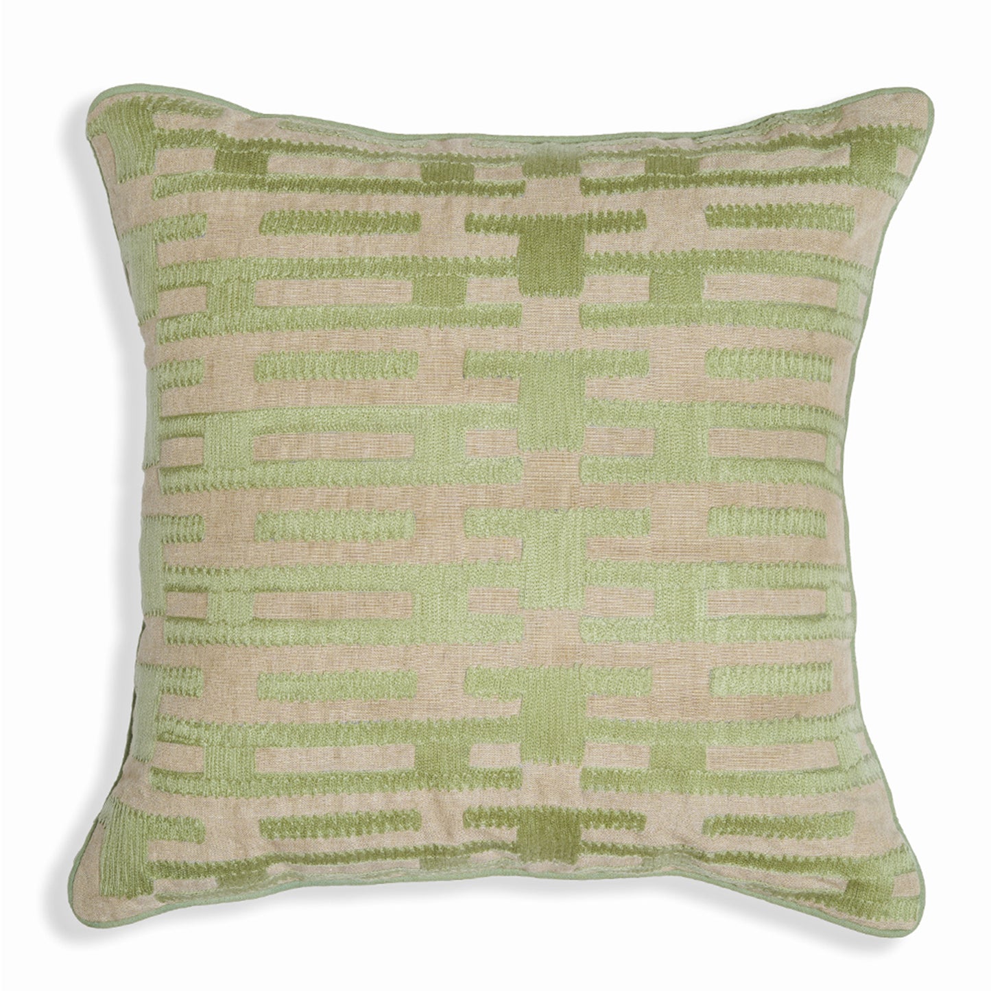 Link on Green - Square Green and Beige Chambray Cushion with Subtle Embroidery