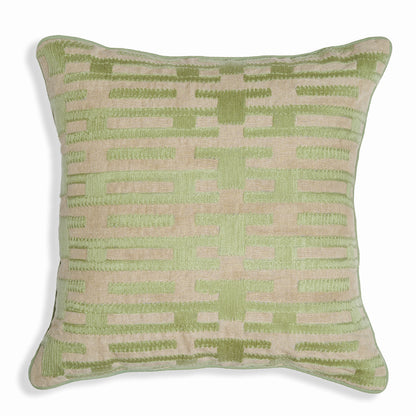 Link on Green - Square Green and Beige Chambray Cushion with Subtle Embroidery