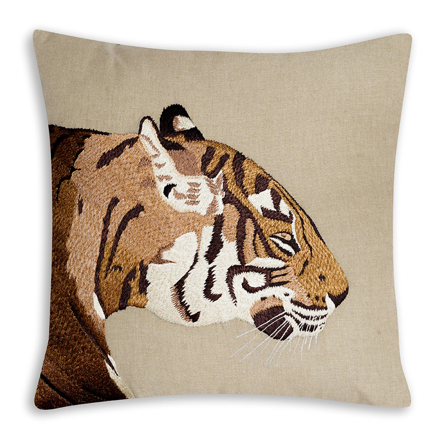 On the Prowl - Beige Cushion with Side Profile Embroidered Tiger in Earthy tones