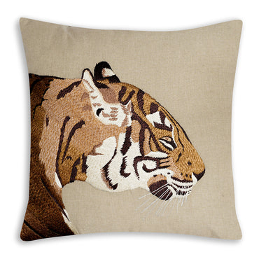 On the Prowl - Beige Cushion with Side Profile Embroidered Tiger in Earthy tones