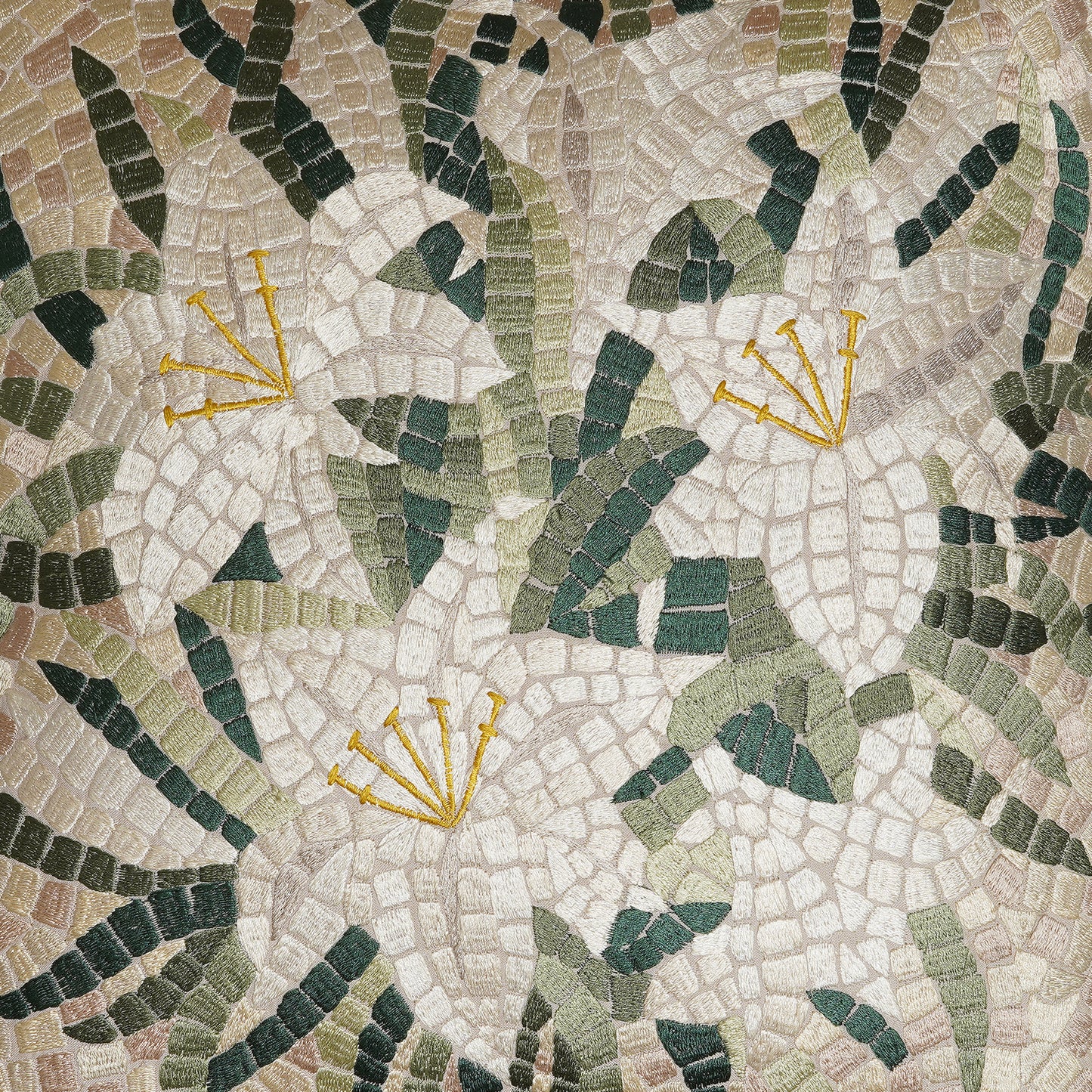 Lily Squares – Cream and Pastel Green Cotton Mosaic Embroidered Cushion