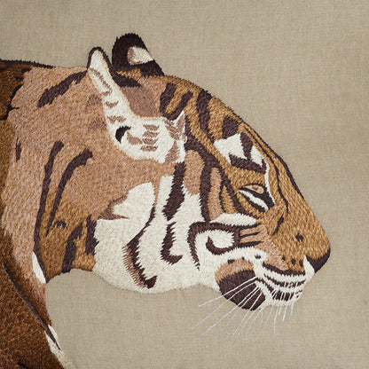 On the Prowl - Beige Cushion with Side Profile Embroidered Tiger in Earthy tones