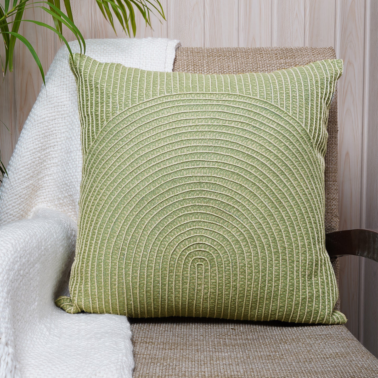 Waves of Green - Square Light Green Cushion with Arched Embroidery