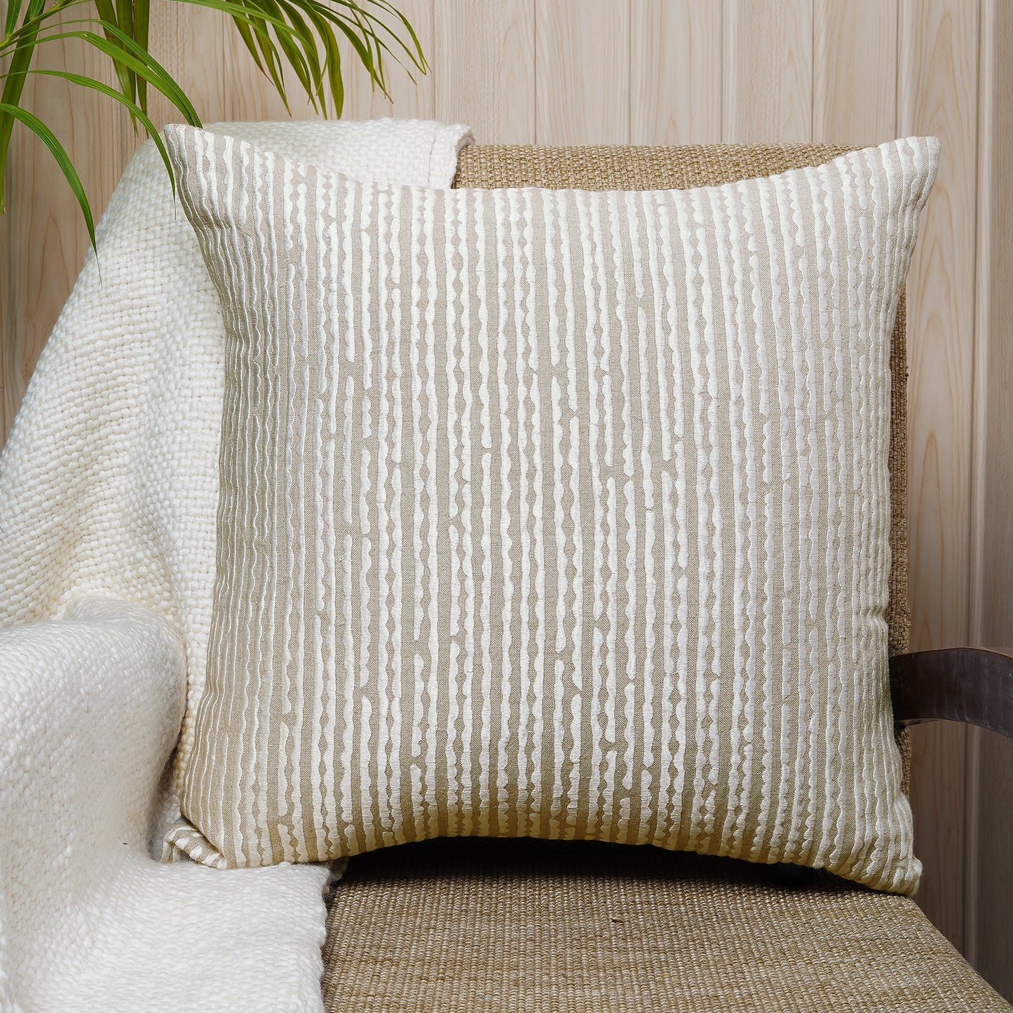 White Furrows - Square Beige Cushion with White Linear Embroidery