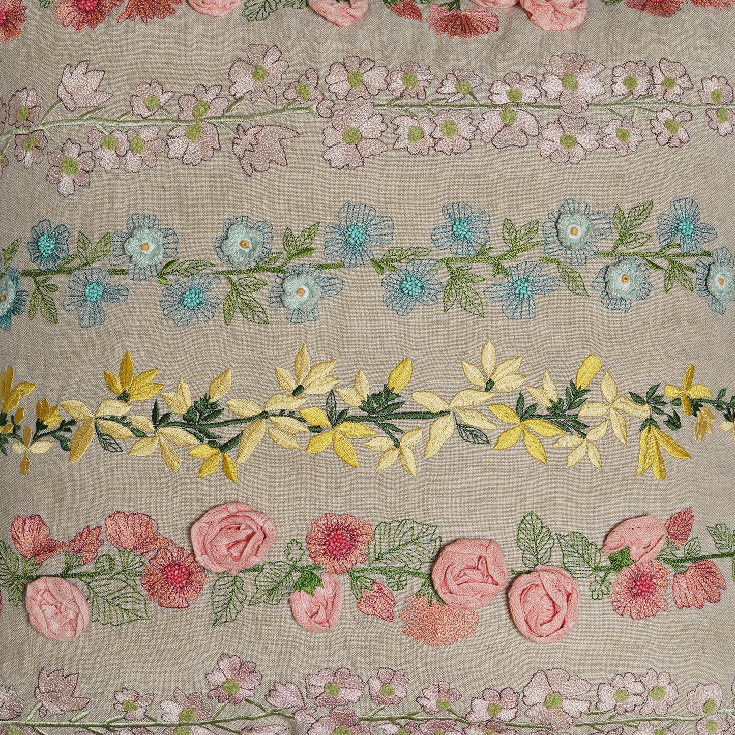 Vitae Fiori – Embroidered Square Cotton Cushion with Pastel Garden Blooms