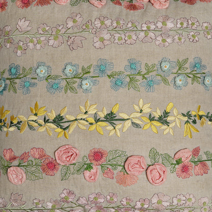 Vitae Fiori – Embroidered Square Cotton Cushion with Pastel Garden Blooms