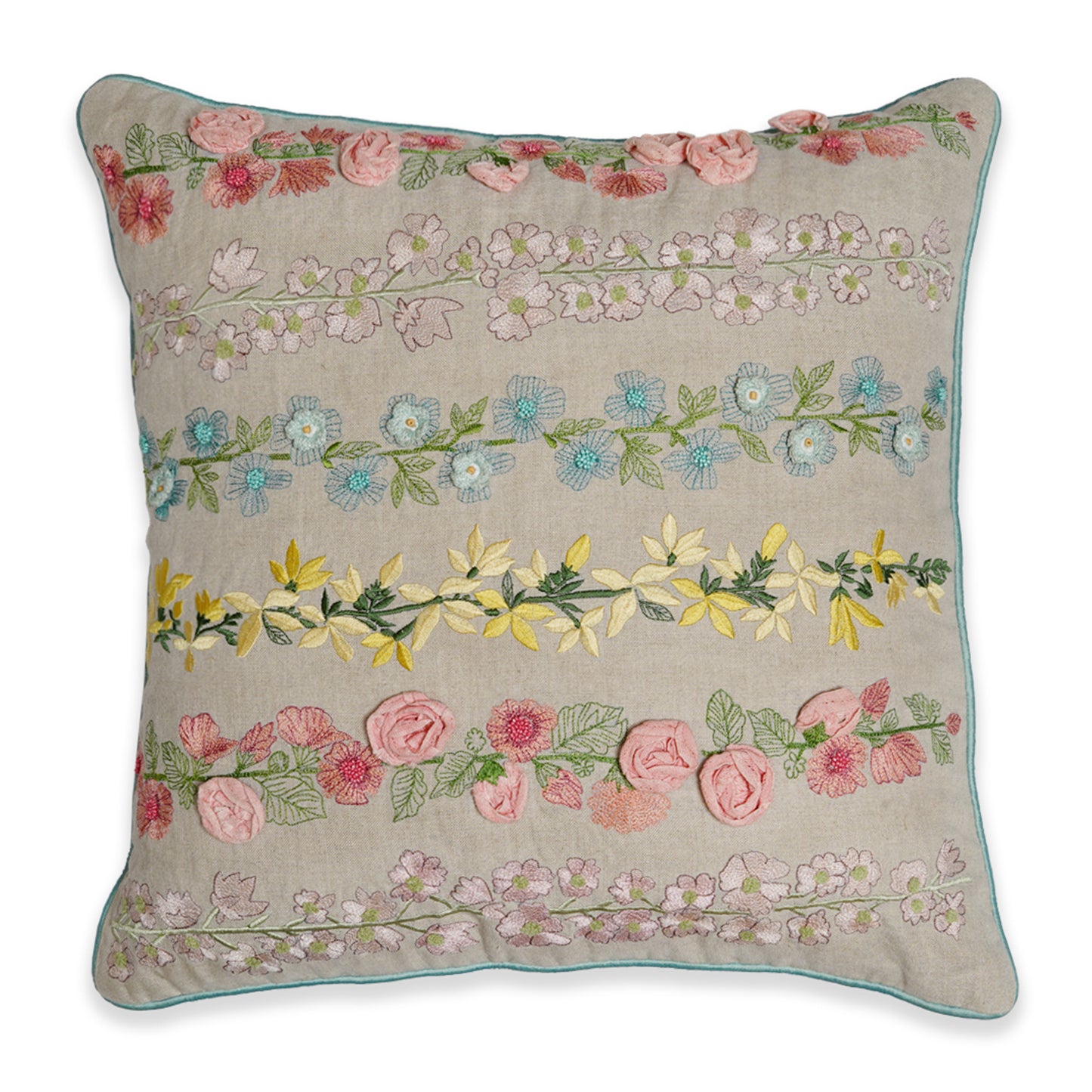 Vitae Fiori – Embroidered Square Cotton Cushion with Pastel Garden Blooms