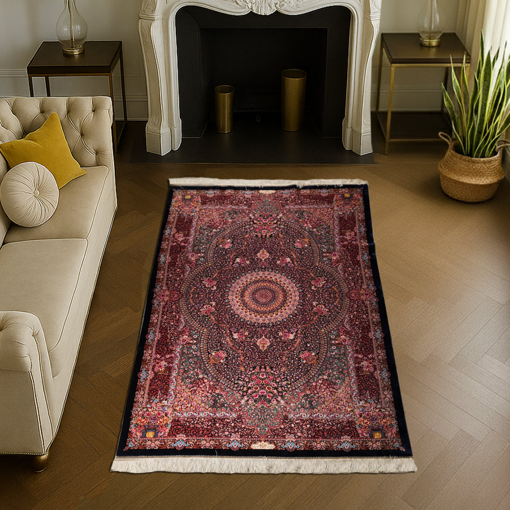 Luxurious red and black silk carpet with intricate floral and medallion design, ideal for modern living spaces