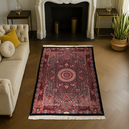 Luxurious red and black silk carpet with intricate floral and medallion design, ideal for modern living spaces