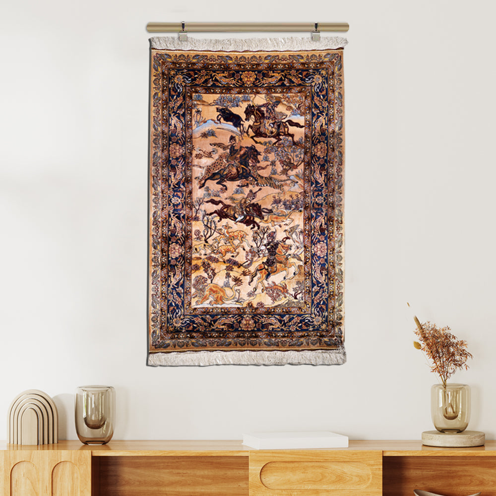 Silk wall tapestry depicting an intricate Persian hunting scene in gold, brown, and navy tones